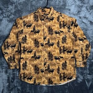Woolrich Mens Deer Wildlife Print Chamois Button Down Shirt Tan Brown Large